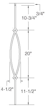 T16 Iron Baluster ⋅ Pointed Oval ⋅ 1/2" Square