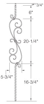 T36 Iron Baluster ⋅ Hammered Edge: "S" Scroll ⋅ 1/2" Square