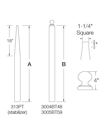 3"x48" Ball Top 3" Square Base Newel (3004BT48)