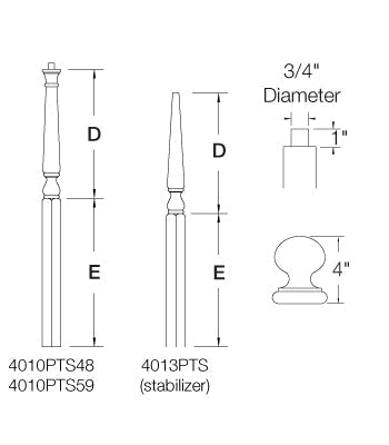 3"x48" Pin Top Square Base Newel "Short Turning" (4010PTS48)